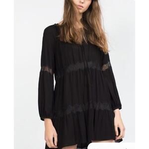 Zara Woman Black lace tiered Long Sleeve dress sz M Flowy Witch Boho Goth fairy